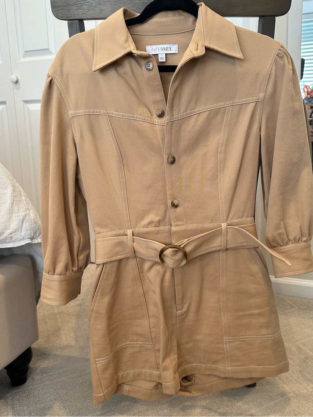 INTERMIX Tan Belted Utility Romper